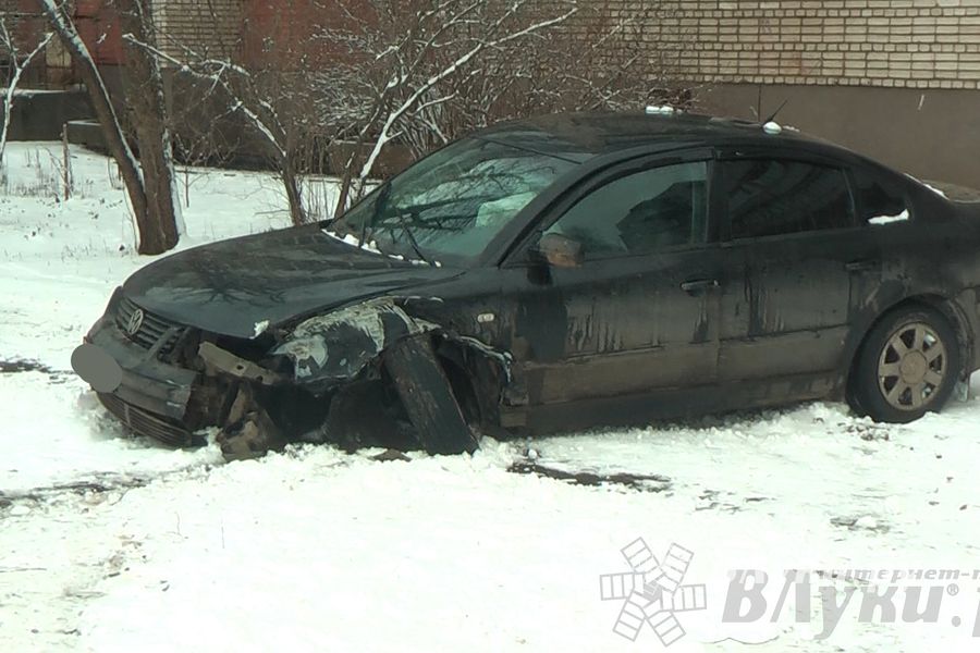В Великих Луках водитель Фольксвагена врезался в дерево и выехал на тротуар (ФОТО)