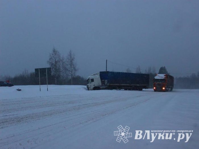Дальнобойщик вылетел в кювет в Невельском районе из-за снегопада