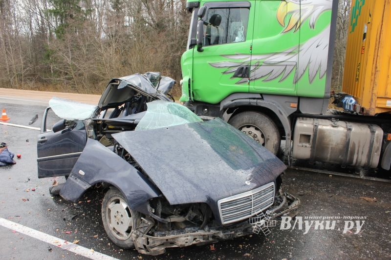 В результате столкновения Мерседеса и фуры в Псковской области погибли 2 человека (фото)