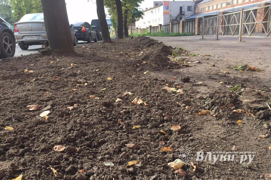 Фотофакт: В Великих Луках на проспекте Октябрьском перерыты газоны